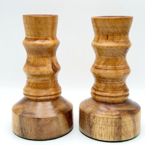 Vintage Handcrafted Turned Wood Candlestick Holders Set Signed 60s 70s Farmhouse